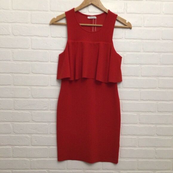 Zara Red Mini Dress sleeveless woven sheath round neckline Ruffle top Small - Picture 14 of 15